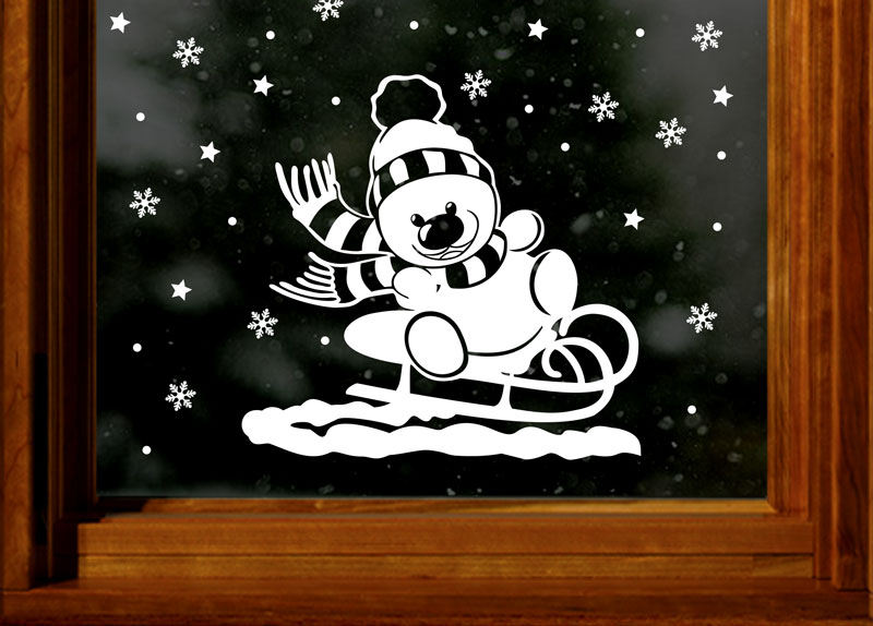 Sněhulák na saních + vločky, hvězdy